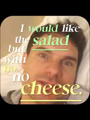 A close-up shot of a man's face with text overlays. The man has dark hair and is looking towards the side with a slightly surprised expression. The text overlays are in different colors and fonts, providing a humorous or conversational feel.