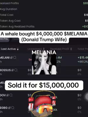 The image shows a financial app interface with data and text overlays. The central element is a framed image of Melania Trump, with white text boxes displaying cryptocurrency trading information. The top part of the screen has performance metrics like 'realized profits', 'avg duration', and 'total cost'. A white text banner at the top announces 'A whale bought $4,000,000 $MELANIA'. The interface includes a screenshot of a Melania Trump photo overlaid with text 'MELANIA' and 'Se.' along with financial progress like '+15.4M' indicating profits; a digital cartoon character in sunglasses also appears.