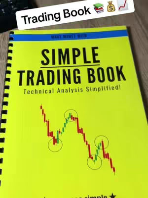 The cover image shows a physical book, 'Simple Trading Book,' with a yellow cover and black spiral binding. The title is prominently displayed in large, black letters against the yellow background with the subtitle "Technical Analysis Simplified!".  Below the title, a stock chart with green and red candlesticks is illustrated. Above the title, a white rectangle with the text 'Trading Book' and some icons is present, while the upper section of the book's cover is adorned with blue. The book is placed on a wooden surface.