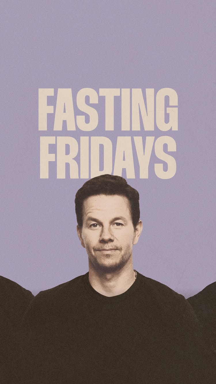The image features a headshot of Mark Wahlberg centered against a light purple background. Bold, white text at the top reads "FASTING FRIDAYS". Mark Wahlberg is looking at the viewer with a neutral expression. He wears a black shirt. The overall composition is simple and direct, using a limited color palette.