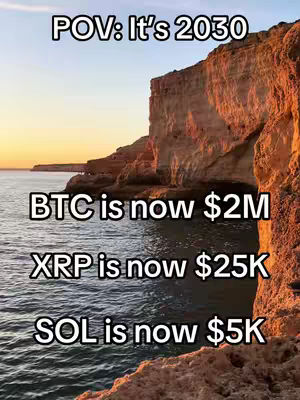 The image shows a coastal landscape with cliffs meeting the ocean. White text overlays provide a future crypto price prediction scenario.