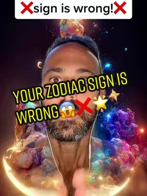 A selfie-style image with a man in the center with text overlays that criticize zodiac signs, with a colorful, nebulous background.