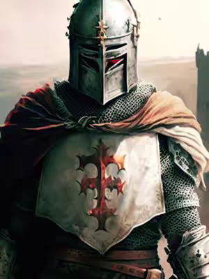 The image features a detailed illustration of a knight in full armor. The knight is facing the viewer, his helmet obscures his face, and a red cross is prominent on his chest. The background appears to be a blurred landscape, with a sky and some structures. The overall color palette is muted, with shades of gray, brown, and red.