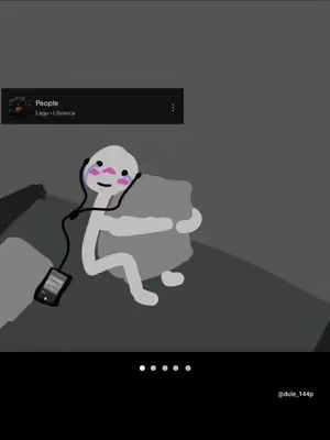 The cover image features a minimalist cartoon character sitting on a gray surface, clutching a large, gray amorphous shape. The character has a simple white form with a small face and blushing cheeks, wearing headphones connected to a small music player. A music player interface labeled "People" is visible in the upper left, indicating a music-related theme. The color palette is monochromatic, with variations of gray and white, and a small amount of pink. The overall composition is simple and conveys a sense of introspection.