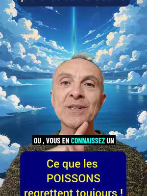 A middle-aged man with short hair looks at the camera. The background is a bright blue sky with fluffy white clouds, and a calm sea. Overlaid on the video are colorful graphic elements.