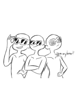 A black and white cartoon drawing shows three figures in sunglasses. The figures appear to be featureless, rendered with simple lines. The first one on the left has one arm raised, and is holding sunglasses, the second figure is in the middle has their arms crossed, and the figure on the right has their arms at their sides, and they seem to be upset. All of them are wearing different shaped sunglasses.