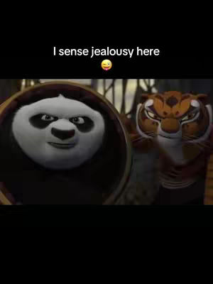 The image shows a scene from the animated film 'Kung Fu Panda'. Po, the panda, is on the left, featuring a slightly sly expression. On the right, Tigress has a stern gaze. The text overlayed states, 'I sense jealousy here' to indicate the vibe