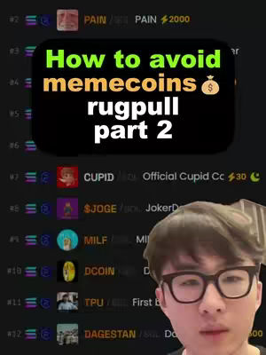 The cover image features a man wearing glasses, with a blurred background of what appears to be a list or chart. Overlaid on the image is a black rounded rectangle with green and yellow text: "How to avoid memecoins rugpull part 2". Below this are various icons and short titles associated with different cryptocurrencies.