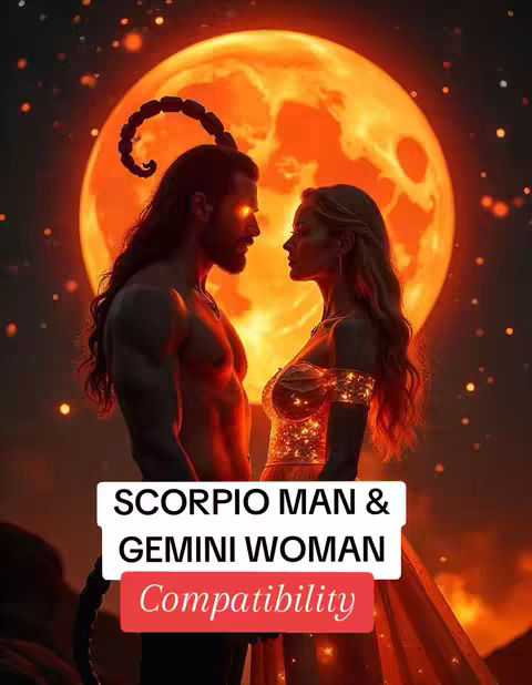 A digital artwork depicts a man and woman facing each other against a vibrant orange background. The backdrop features a large, glowing orb resembling a sun or moon, and the overall composition evokes a sense of cosmic grandeur. The man, depicted with long, dark hair, is shirtless and has a scorpion tail extending from his head. The woman has long, flowing blonde hair and the couple are lit with a warm, radiant glow. The text overlayed states "SCORPIO MAN & GEMINI WOMAN Compatibility," with a bottom banner in red.