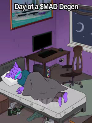 An animated cartoon scene depicts a bedroom with a sleeping, purple fur character wearing a blue shirt and glowing neon glasses, lying on a bed. The room is styled with purple walls, a computer setup, and a window showing a night sky with a crescent moon.