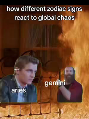 The cover image shows two individuals representing zodiac signs, set against a backdrop of fire and a blurred interior setting. Above them, the text 'how different zodiac signs react to global chaos' is displayed. The image is stylized with a meme-like aesthetic.