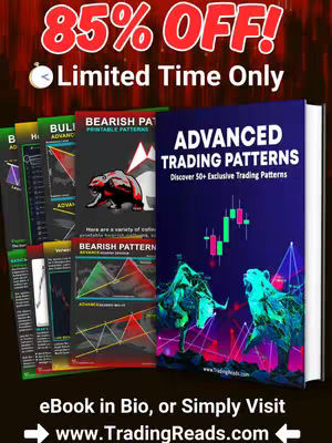 The image is an advertisement for a book titled 'Advanced Trading Patterns'. The composition features several elements: in the center right is a three-dimensional view of the book, and a few smaller books are to the left, arranged with their spines facing the viewer. On the front cover, the title is displayed prominently. A graphic of green and red stock tickers is placed in the background. Behind the book and extending upwards is a burgundy overlay fading to a dark gradient at the top. At the top middle part of the image, there's a red banner that has white text indicating a limited-time offer. The background has further images related to trading with bear and bull graphics. At the bottom of the image, there's text and forward arrows which indicate where to find the ebook