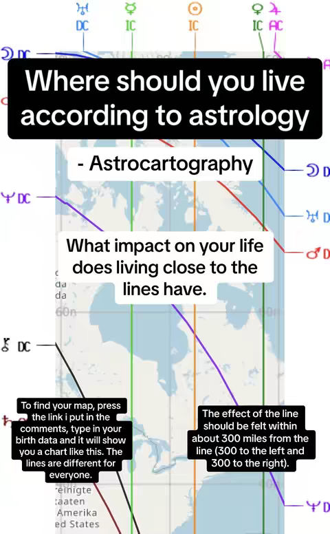 The cover image presents a map overlaid with lines and astrological symbols. Text overlays provide questions and instructions related to astrology. The background is a light blue map of North America, crossed by colored lines and astrological symbols. There are multiple text boxes in black rectangles with white font, providing additional information.