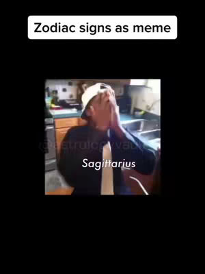 The image shows a person covering their face with their hands, presumably in a gesture of frustration or humor. Above, the text reads 'Zodiac signs as meme', suggesting content related to astrology and memes. The person is wearing a hat and tie in what appears to be a domestic setting. The bottom of the image has the word 'Sagittarius' overlaid on top of the image.