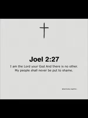 A minimalist graphic with a white background. A simple black cross is at the top, centered. Below, in bold black font, is "Joel 2:27", followed by the verse text in a lighter, regular font. The text is centered, and there is a watermark in the bottom right corner.