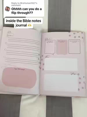 An open journal with lined pages and sections for notes, verses, reflections, and prayer on the pages. Gray and white striped background.