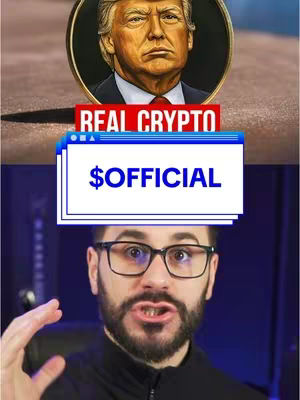 The cover image is split into two sections. The top half features a gold-colored coin with an image of Donald Trump on it against a dark blurred background and the text "REAL CRYPTO" overlaid on a red bar. The bottom half shows a man with glasses looking directly at the camera. Over his head is a graphic resembling a computer window that reads "$OFFICIAL". The overall layout is designed to grab attention, using bold colors and a direct gaze from the individual in the bottom half.
