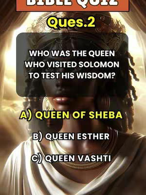 The cover image features a stylized portrait of a woman with dark skin and ornate headwear, framed against a blurred, golden background. Overlaid on the image is a series of text boxes containing a Bible quiz question and answer choices. The text is in a bold, contrasting font.