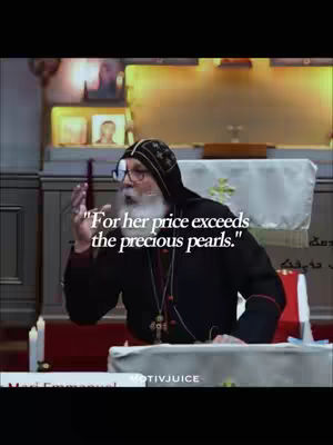 The image showcases a man speaking in what appears to be a church. Text stating "For her price exceeds the precious pearls." is overlaid on top.