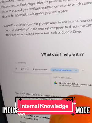 The image displays a laptop screen showing the ChatGPT interface with the prompt input area highlighted. Overlaid on the screen is a red and white box that reads 'Internal Knowledge MODE' with text above it.