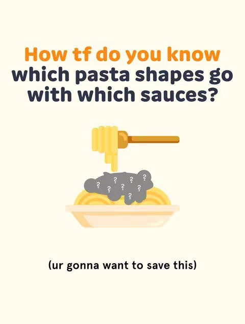 The cover image is a cartoon illustration with a light beige background. In the center, there's a plate of cooked spaghetti with a gray cloud above it, which has question marks spread over it. A fork with spaghetti is coming down from the top. Above the illustration is bold, orange text that reads "How tf do you know which pasta shapes go with which sauces?" Below the illustration, in smaller, white text, reads "(ur gonna want to save this)."