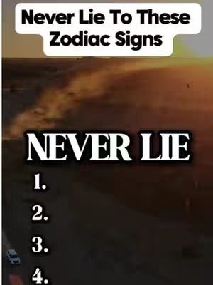 The cover image is a vertical graphic with text overlays against a blurred background. The background appears to be a sunset over a landscape, with shades of orange and brown dominating the color scheme. A white rectangular box with curved edges holds the text "Never Lie To These Zodiac Signs". Below that, a large, bold, white text overlay reads "NEVER LIE", followed by a numbered list (1, 2, 3, 4) in a smaller font. The layout is simple, with the text clearly visible and centered on the image.