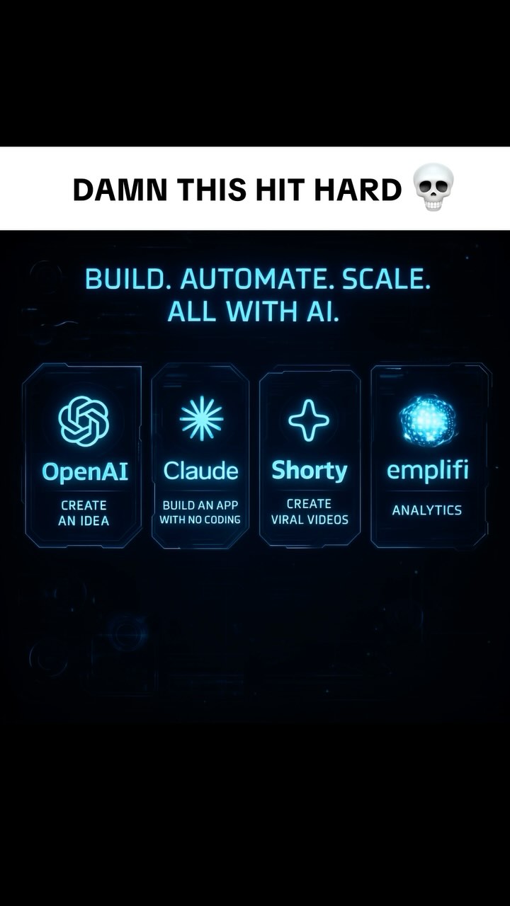The cover image is a dark, futuristic-looking graphic. At the top, there is text in white that reads "DAMN THIS HIT HARD" with a skull emoji. Below this is "BUILD. AUTOMATE. SCALE. ALL WITH AI." Four rectangular boxes, each with rounded corners and a glowing blue border, sit below. Inside each box is the logo and text for different AI platforms, starting with OpenAI, then Claude, Shorty, and emplifi. All the text is in a clean sans-serif font, and the overall feel is modern and tech-focused.
