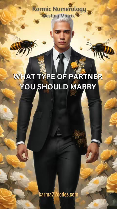 A digitally created image features a well-dressed man in a dark suit and tie, set against a background of yellow and white flowers. There are bees hovering near the man. Text overlays read "Karmic Numerology Destiny Matrix" and "WHAT TYPE OF PARTNER YOU SHOULD MARRY".