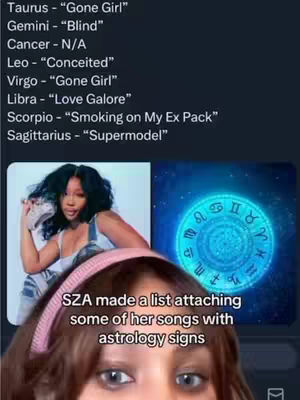 The cover image is a split screen. The left side features a photo of SZA, a Black woman, with curly dark hair and a light tank top,  holding a small bag or purse. On the right is a blue graphic with astrological symbols. The bottom half of the image shows a person's eyes and forehead, with a pink headband. Text overlays provide context.