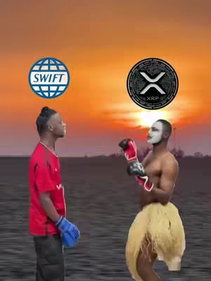 The image is a composite with two men in a boxing-style face-off against a sunset backdrop. The man on the left is wearing a red shirt and blue gloves and the man on the right wearing boxing gloves and a traditional skirt, and a white face mask. Above the two men are floating logos, one of Swift and the other of XRP.