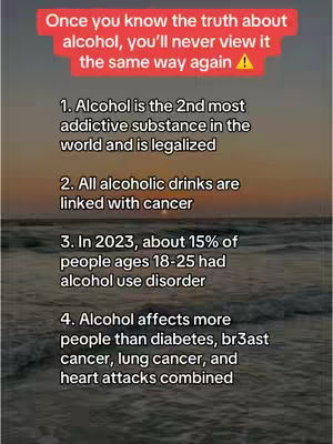 The image shows a gradient background transitioning from warm orange to a dark blue. Overlaid is text in a sans-serif font, white on a red background, listing facts about alcohol. The text content is arranged in a vertical list, in a legible font
