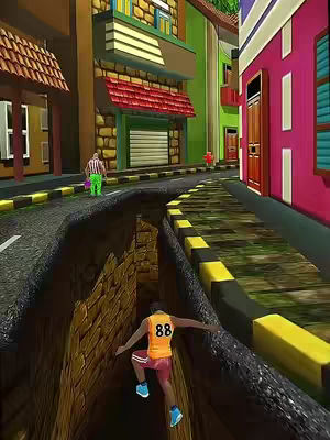 A colorful, animated depiction of a mobile game scene. A character in an orange shirt with number 88 on the back is mid-jump, leaping from a road while dodging a gap. Buildings frame both sides of the street, creating a colorful cityscape effect.