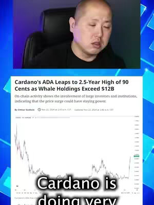 The cover image is a split composition. The top portion features a fair-skinned Asian man with short, dark hair looking slightly off-camera. Below, a screenshot of a news article about Cardano's ADA cryptocurrency is displayed with the man's face overlaid. The article title reads, "Cardano's ADA Leaps to 2.5-Year High of 90 Cents as Whale Holdings Exceed $12B," with the image containing a graph of the cryptocurrency value.