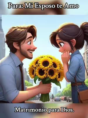 An animated image of a man and woman in a romantic setting. The man, holding a bouquet of sunflowers, faces the woman with a warm expression. The woman, with downcast eyes and a hand near her face, appears touched. They stand in front of a blurred background, with buildings in the distance. Text overlays complete the image.