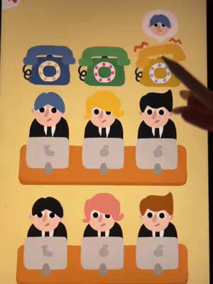 An animated illustration of a computer game interface. There are three phones at the top, each a different color. Below the phones are three rows of people sitting at desks with computers.