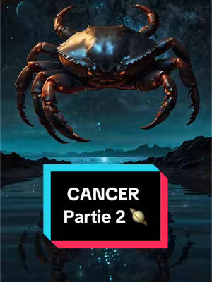 An illustrative image featuring a large, dark crab with a metallic sheen against a backdrop of a night sky and a body of water. The crab dominates the frame, positioned centrally, with its claws and legs extended. Below the crab, there is a rectangular text overlay in a two-tone color scheme comprising a black background with rounded edges and vibrant cyan and pink sections. The text overlay contains the words "CANCER" (written in white, sans-serif font) and "Partie 2", along with a planet icon. The background shows a mountainous terrain and water, with the night sky filled with stars, enhancing the astrological theme.