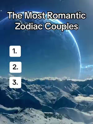 The cover image shows a landscape scene with a planet and mountains. The text overlay reads "The Most Romantic Zodiac Couples" and numbered lists.