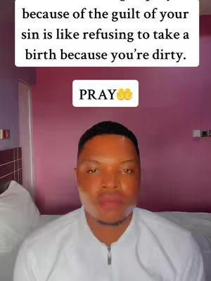 The cover image features a man facing forward, framed in a close-up shot. The background is a gradient of pink to red. Above the man's head is a text overlay in a white rectangle, and below it, another white rectangle contains the word "PRAY" with emoji.