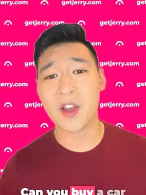 A man is the central focus, with a bright pink background with the getjerry.com logo repeating. He wears a maroon shirt and is positioned from the chest up, looking directly at the viewer with an open mouth. Text overlayed at the bottom asks, "Can you buy a car?"