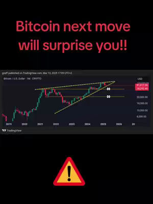 A black background with text overlayed in red and white. A stock chart of Bitcoin trends is in the center with warning symbols. An exclamation mark that stands out.