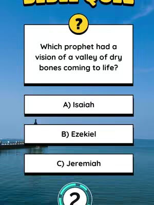 The cover image is a vertical graphic, likely a quiz game. It features a blue sky and water background suggesting a coastal scene. The main element is a game interface, with a yellow question mark icon at the top, followed by a multiple-choice question about a biblical prophet. Below the question are three answer options, labeled A, B, and C. At the bottom, there is a circular element with the number "2" inside, possibly indicating the question number or a round identifier. The overall composition is designed to be informative and visually engaging, with clear text against contrasting backgrounds.