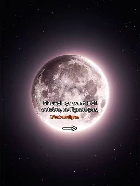 A dark, starry background forms the backdrop for a large, detailed image of the moon. The moon is a pale, textured sphere with craters and subtle color variations, encircled by a soft, glowing halo. Text is superimposed over the lower portion of the moon, and a white arrow points right, likely emphasizing the sign.