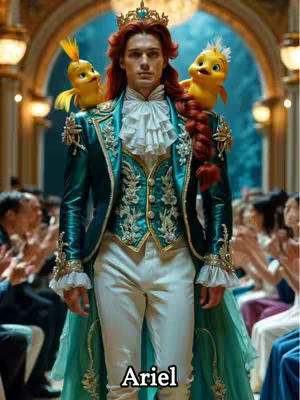A digitally created image shows a man dressed in an ornate teal and gold outfit, resembling a Disney prince. Two yellow, cartoon-like birds perch on his shoulders. The background suggests a grand ballroom with an arched ceiling. The name 'Ariel' is written in a stylized font at the bottom.