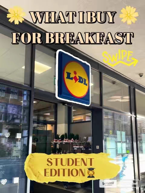 The cover image shows the exterior of a Lidl store on a sunny day. The store's sign is prominently displayed, and text overlays highlight 'What I Buy for Breakfast' and 'Student Edition', suggesting a thematic focus on affordable breakfast options tailored for students. The overall composition is clean and inviting, with a practical and budget-conscious tone.