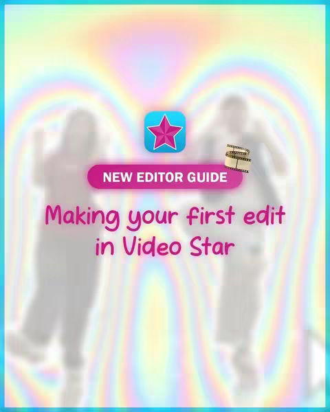 The cover image features a blurred, abstract background blending various colors, primarily purples, blues, and greens, creating a vibrant, iridescent effect. Two blurry figures appear on the left and right side, appearing as silhouettes. In the center, a logo featuring a pink star within a blue square is overlaid. There is a pink rounded rectangle stating "NEW EDITOR GUIDE". Below that is the text in pink text saying "Making your first edit in Video Star". The overall design is playful, with soft edges and a focus on the Video Star app.