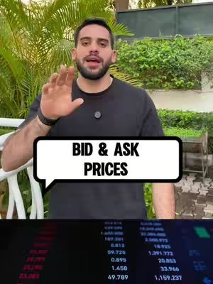 A man in a black t-shirt gestures with his right hand towards the camera. Overlayed on the foreground is a white speech bubble with the text "BID & ASK PRICES". The background includes green foliage with an image of stock charts.