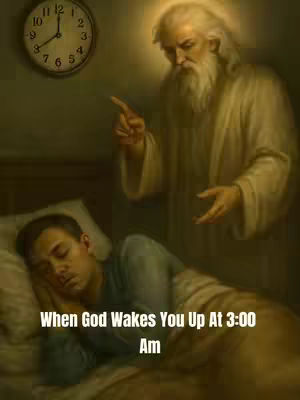 The image depicts a man asleep in bed, with a clock on the wall showing 3:00 AM. Above him stands a figure resembling a biblical depiction of God, pointing a finger towards the man. Text overlayed at the bottom reads, "When God Wakes You Up At 3:00 AM."