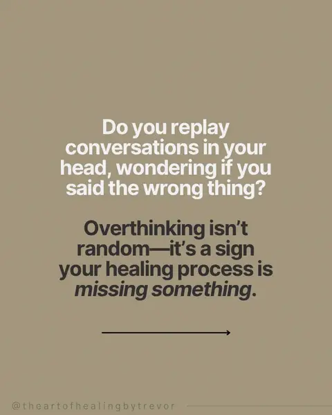 A square image with a light brown background. Text is overlaid in white and dark grey, formatted in a clean, sans-serif font. The image features a question at the top and an overthinking-related statement at the center, alongside a right-directional arrow and some text in the bottom left corner.