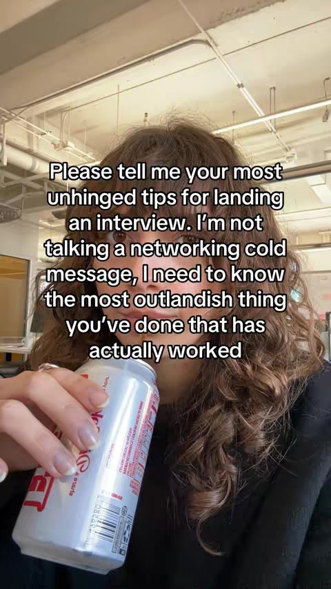 The selfie shows a woman with long, wavy brown hair, holding a can of Diet Coke. She is looking at the camera, with text overlayed on the image. The text is a prompt about interviewing tips.