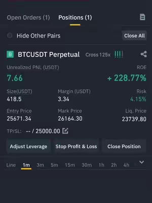 The image displays a screenshot of a trading platform's interface. The focus is on the 'Positions' tab, showing the status of a cryptocurrency trade, specifically BTCUSDT Perpetual. Key data points such as unrealized profit and loss (PNL), size, margin, entry/mark prices, and liquidation price are visible. At the top, you can see a 'Closed All' button. The layout is clean and provides a technical overview of the trading position. The color palette includes white, dark gray, and a yellow highlight for the 'Positions' tab, creating a professional and data-focused appearance. The overall composition shows an app interface.
